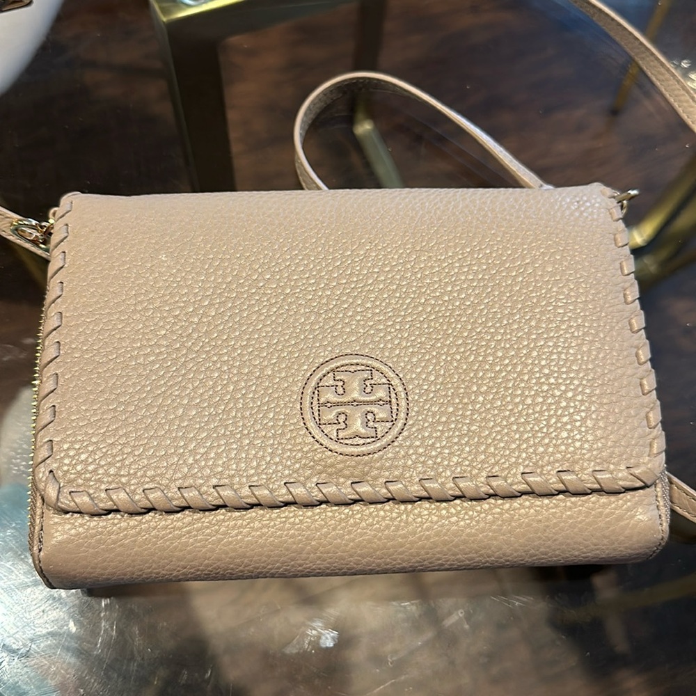 Tory Burch Cream and Tan Crossbody Bag with Whipstitch Detail